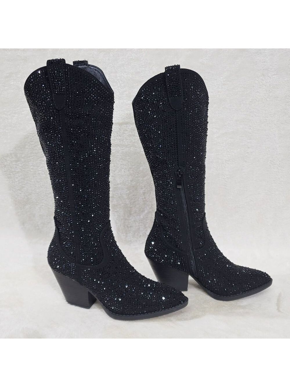 Country Glow Black Rhinestone Glitter Disco Cowgirl Western Knee Boots